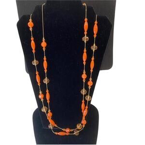JLO 30” Very Long STATEMENT NECKLACE orange hues beaded can double strand it.